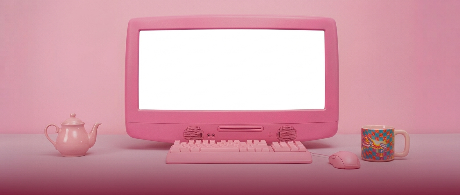 Computador rosa com uma criadora UGC gravando conteúdo para eventos na tela